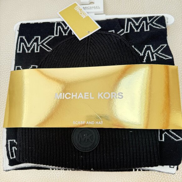 NWT MICHAEL KORS LOGO HAT GLOVE SET BLACK OFF WHITE - Picture 1 of 4